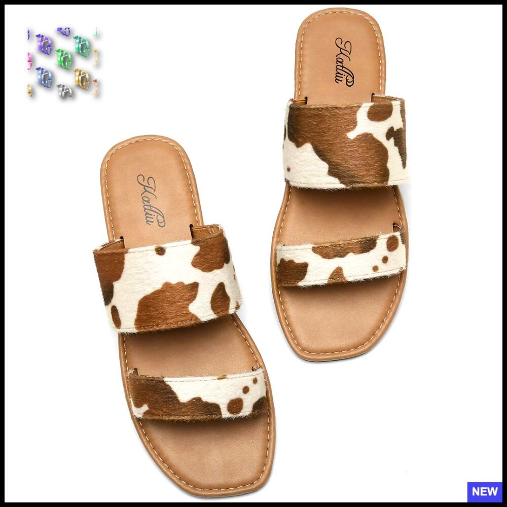 Two Strap Slide Sandals Open Toe Square Flat Mini… - image 1